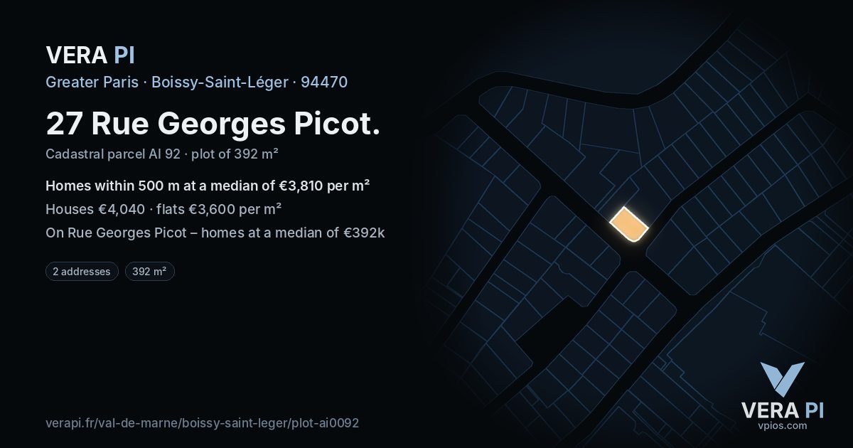 27 Rue Georges Picot, Boissy-Saint-Léger at night – the plot lit, the parcels around coloured by the prices near them