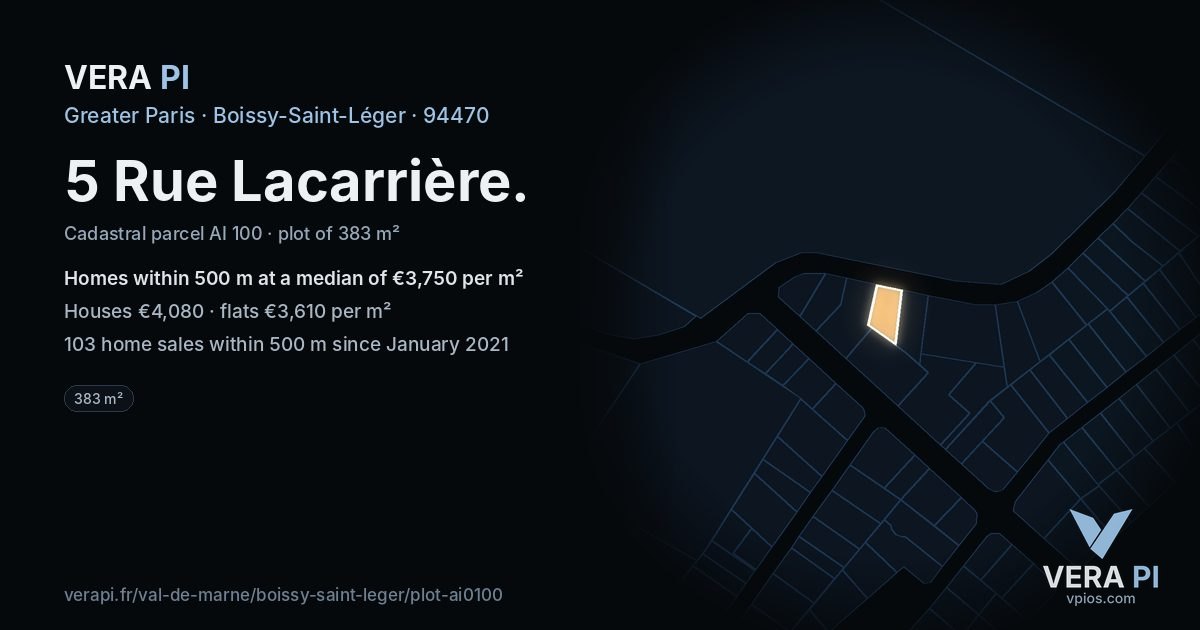 5 Rue Lacarrière, Boissy-Saint-Léger at night – the plot lit, the parcels around coloured by the prices near them