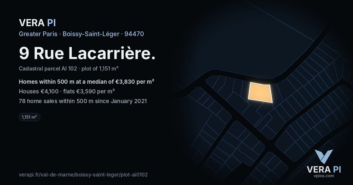9 Rue Lacarrière, Boissy-Saint-Léger at night – the plot lit, the parcels around coloured by the prices near them