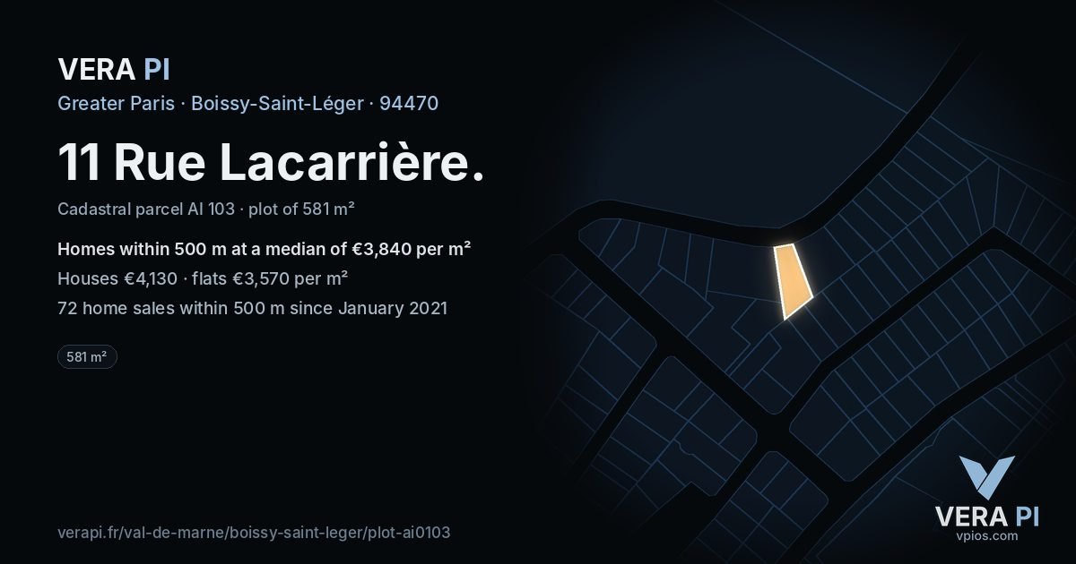 11 Rue Lacarrière, Boissy-Saint-Léger at night – the plot lit, the parcels around coloured by the prices near them