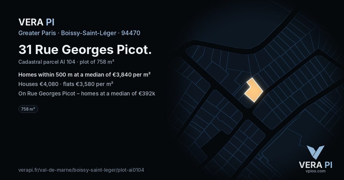 31 Rue Georges Picot, Boissy-Saint-Léger at night – the plot lit, the parcels around coloured by the prices near them