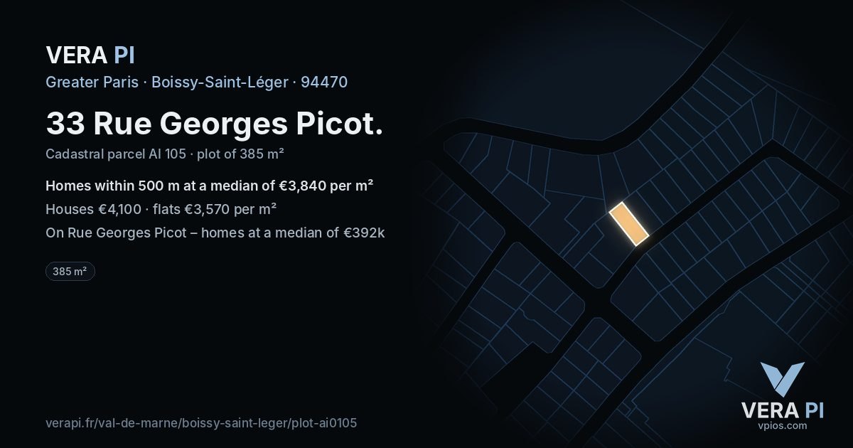 33 Rue Georges Picot, Boissy-Saint-Léger at night – the plot lit, the parcels around coloured by the prices near them