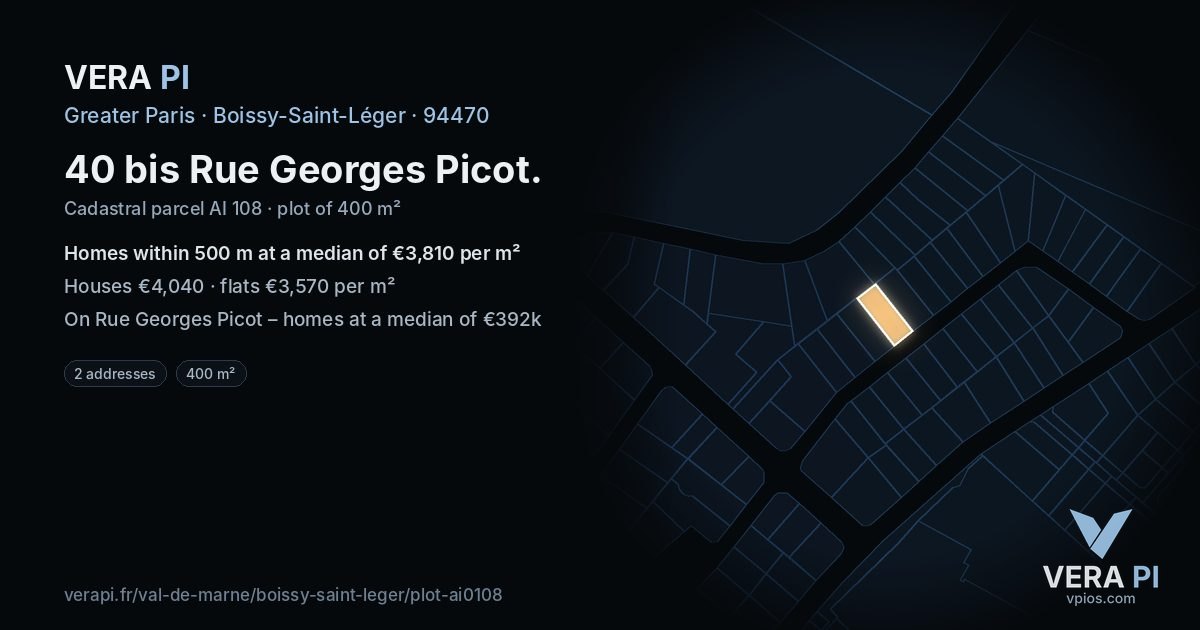 40 bis Rue Georges Picot, Boissy-Saint-Léger at night – the plot lit, the parcels around coloured by the prices near them