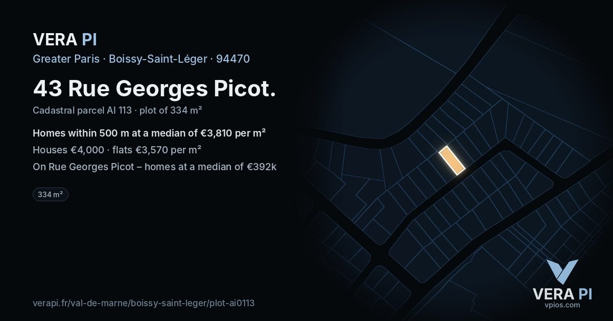 43 Rue Georges Picot, Boissy-Saint-Léger at night – the plot lit, the parcels around coloured by the prices near them