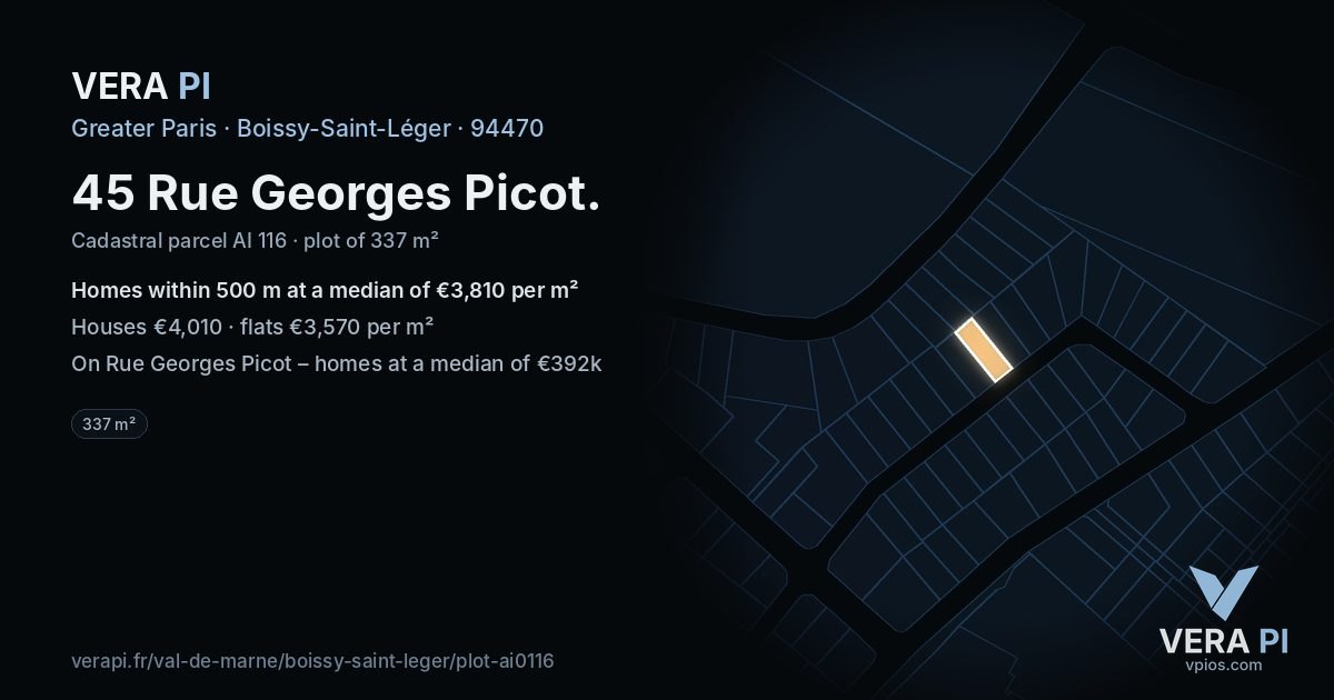 45 Rue Georges Picot, Boissy-Saint-Léger at night – the plot lit, the parcels around coloured by the prices near them