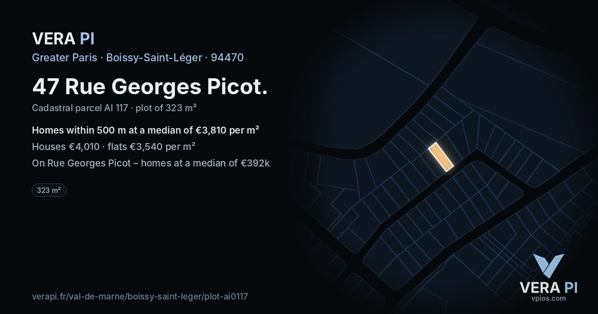 47 Rue Georges Picot, Boissy-Saint-Léger at night – the plot lit, the parcels around coloured by the prices near them
