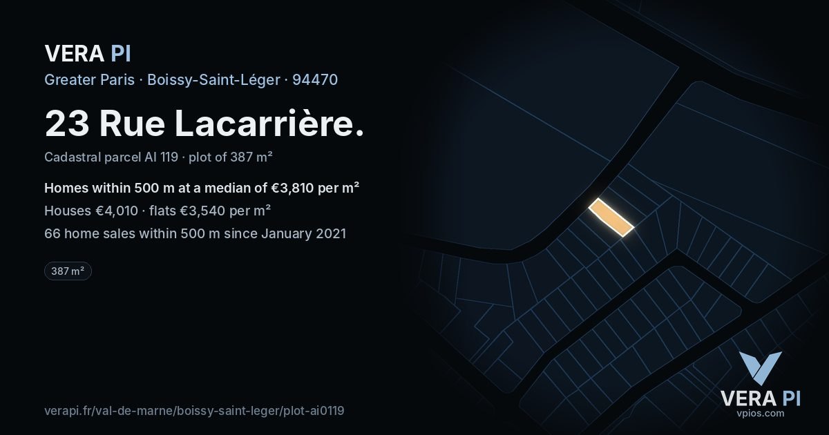 23 Rue Lacarrière, Boissy-Saint-Léger at night – the plot lit, the parcels around coloured by the prices near them