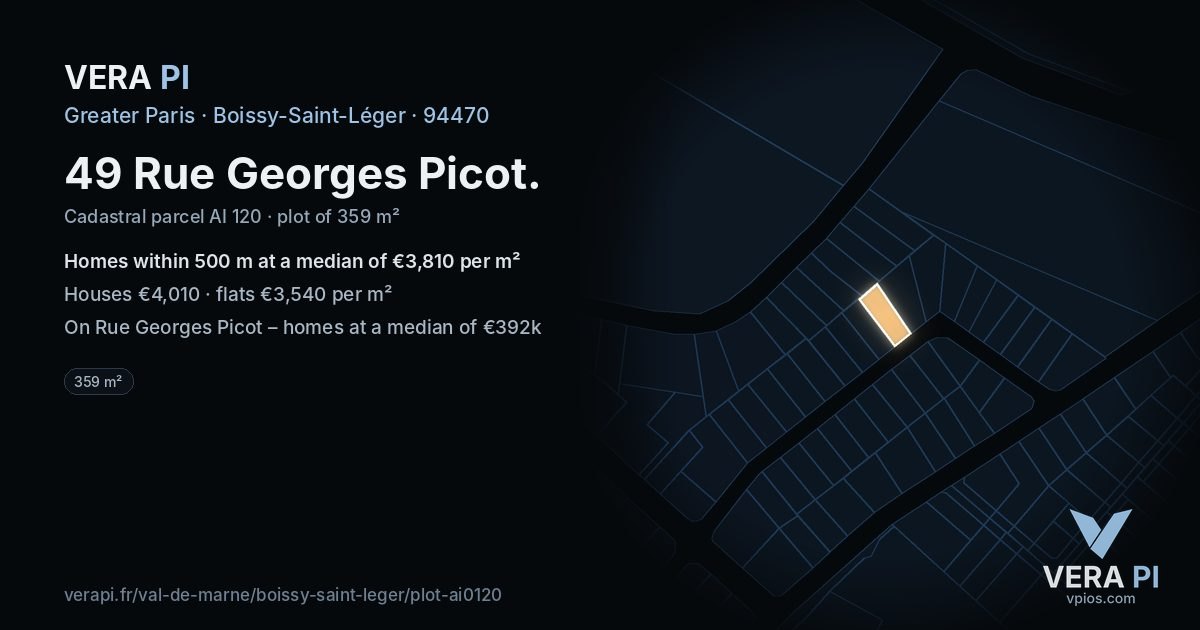 49 Rue Georges Picot, Boissy-Saint-Léger at night – the plot lit, the parcels around coloured by the prices near them