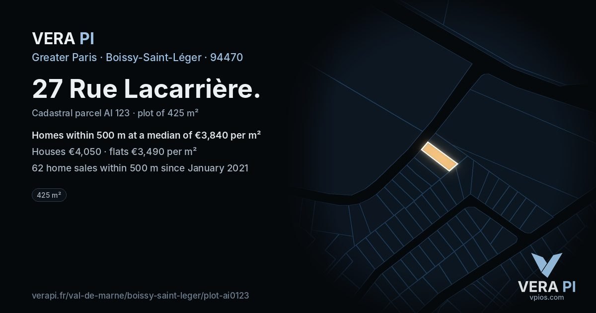 27 Rue Lacarrière, Boissy-Saint-Léger at night – the plot lit, the parcels around coloured by the prices near them