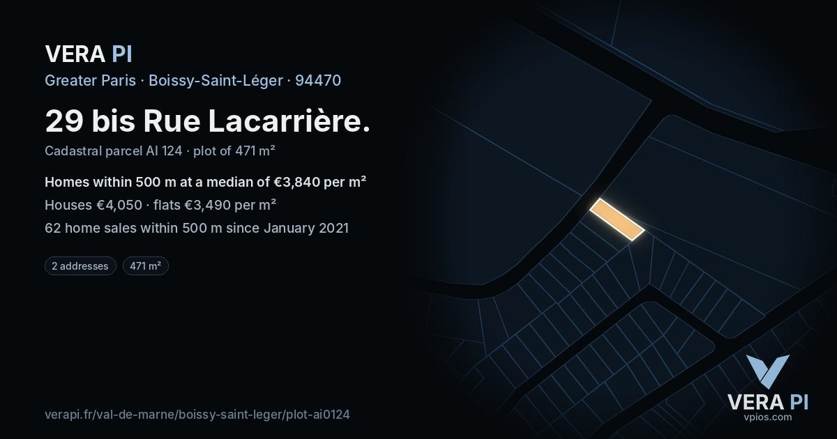 29 bis Rue Lacarrière, Boissy-Saint-Léger at night – the plot lit, the parcels around coloured by the prices near them
