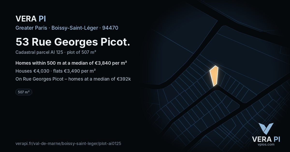 53 Rue Georges Picot, Boissy-Saint-Léger at night – the plot lit, the parcels around coloured by the prices near them
