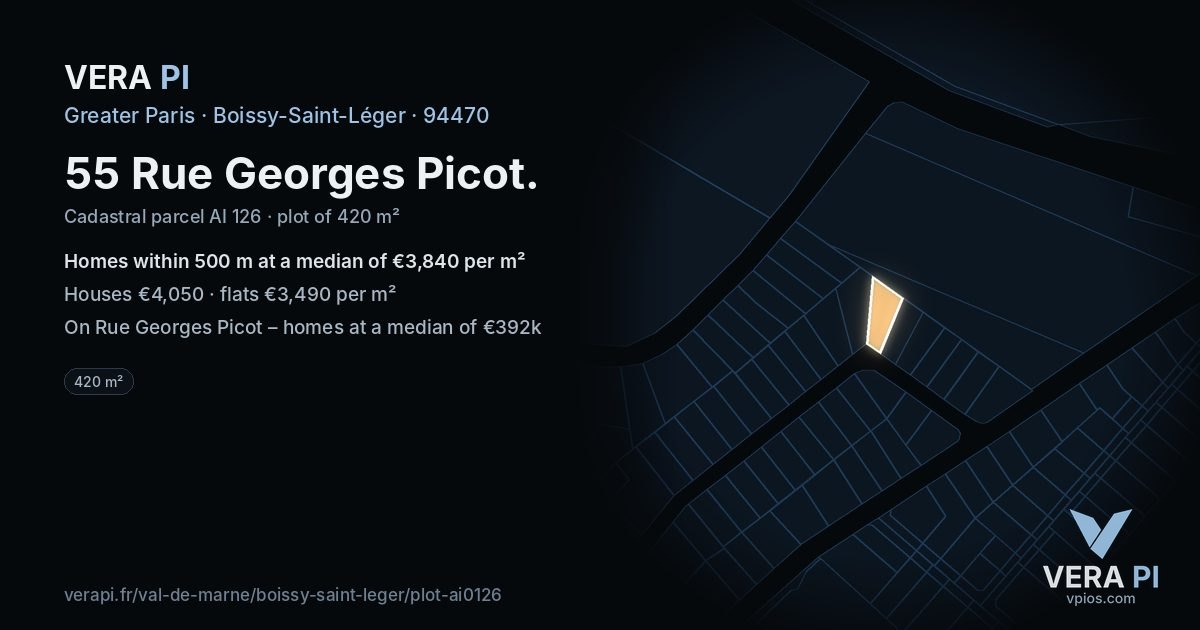 55 Rue Georges Picot, Boissy-Saint-Léger at night – the plot lit, the parcels around coloured by the prices near them