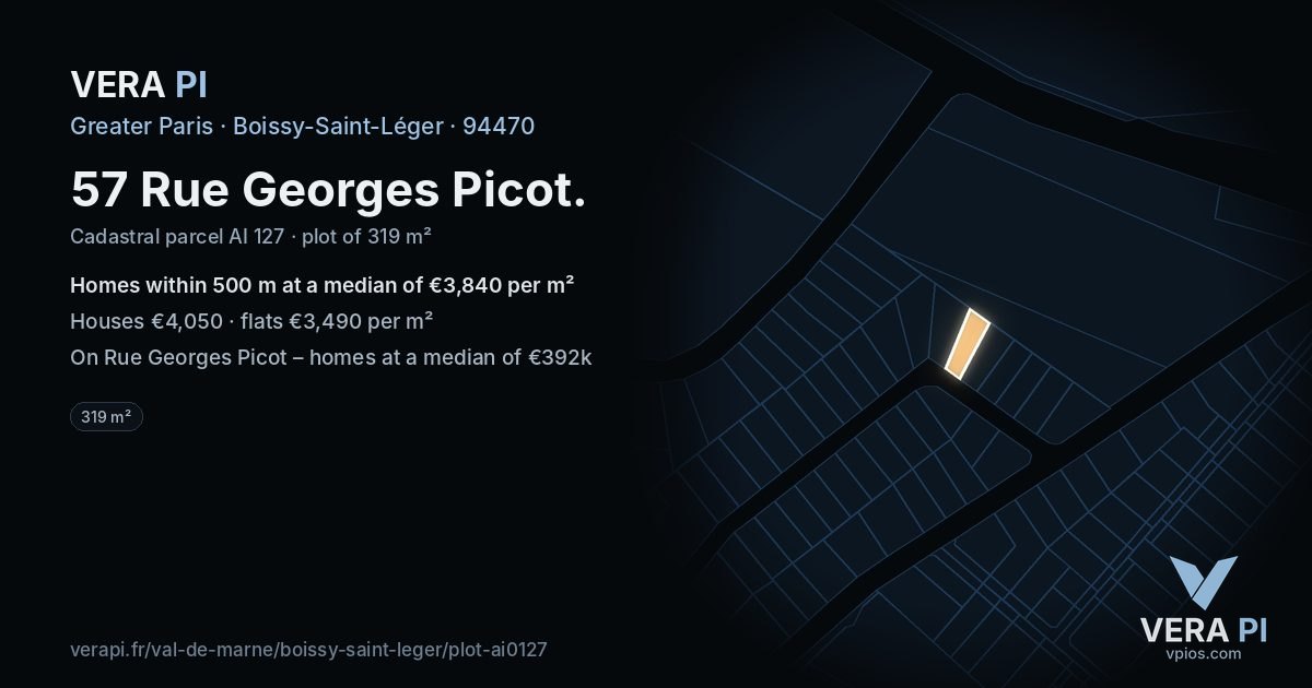 57 Rue Georges Picot, Boissy-Saint-Léger at night – the plot lit, the parcels around coloured by the prices near them
