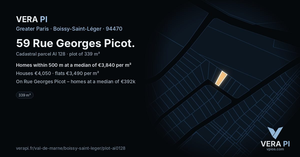 59 Rue Georges Picot, Boissy-Saint-Léger at night – the plot lit, the parcels around coloured by the prices near them