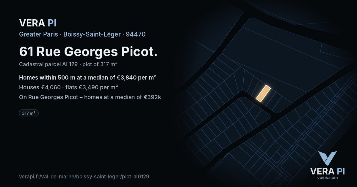61 Rue Georges Picot, Boissy-Saint-Léger at night – the plot lit, the parcels around coloured by the prices near them