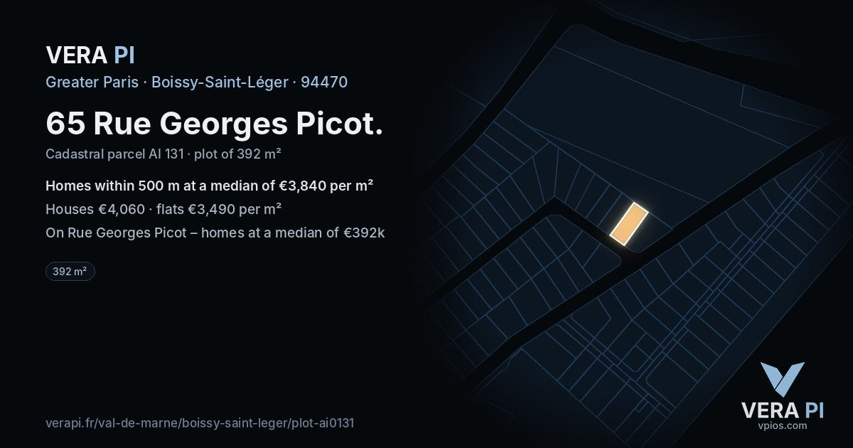 65 Rue Georges Picot, Boissy-Saint-Léger at night – the plot lit, the parcels around coloured by the prices near them