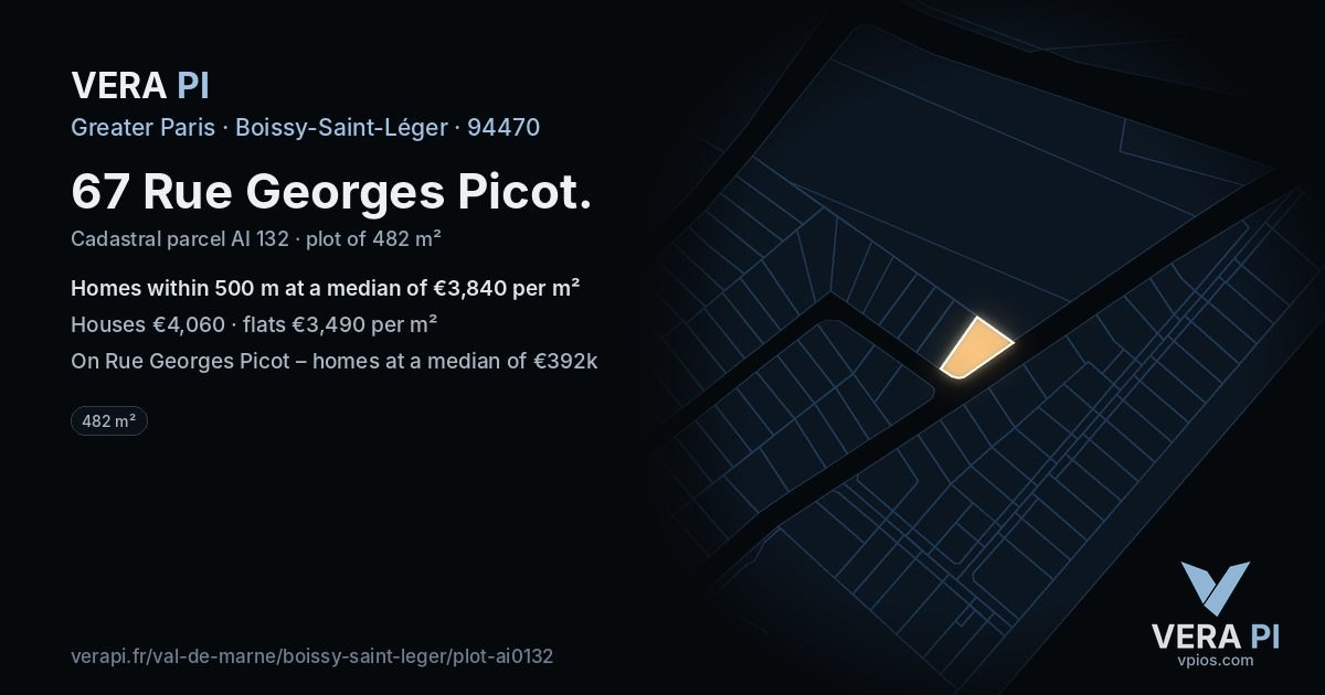 67 Rue Georges Picot, Boissy-Saint-Léger at night – the plot lit, the parcels around coloured by the prices near them