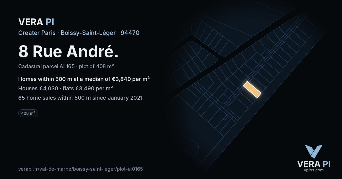 8 Rue André, Boissy-Saint-Léger at night – the plot lit, the parcels around coloured by the prices near them