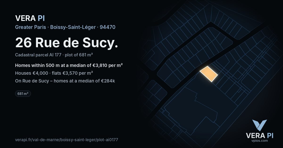 26 Rue de Sucy, Boissy-Saint-Léger at night – the plot lit, the parcels around coloured by the prices near them