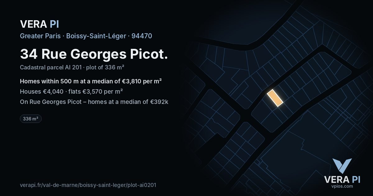 34 Rue Georges Picot, Boissy-Saint-Léger at night – the plot lit, the parcels around coloured by the prices near them