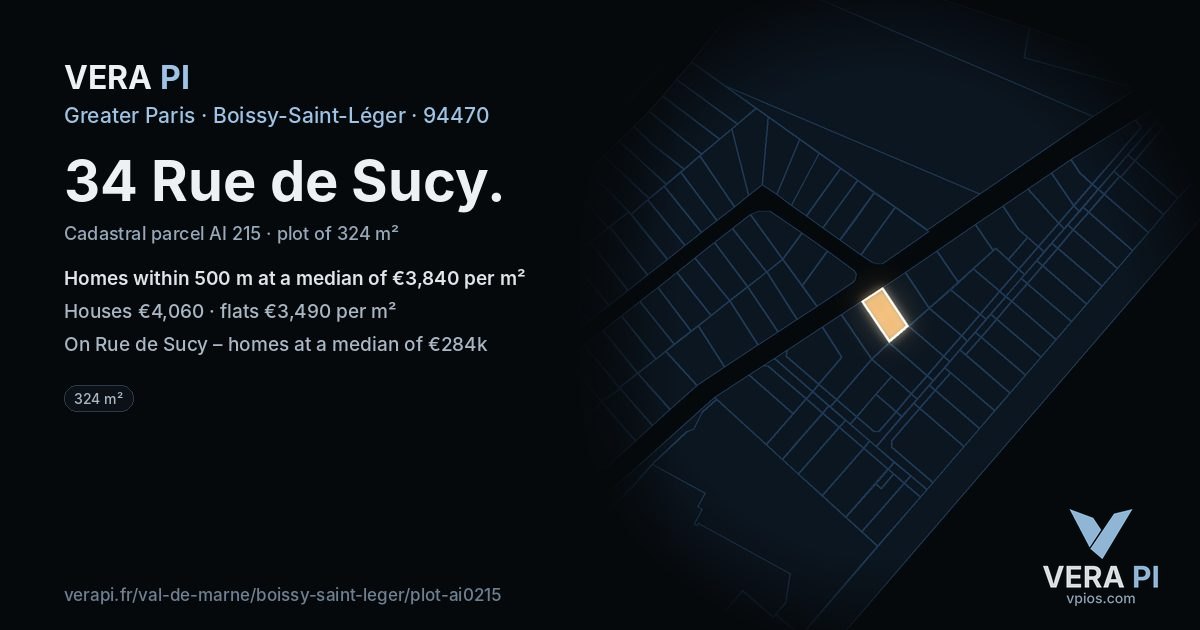 34 Rue de Sucy, Boissy-Saint-Léger at night – the plot lit, the parcels around coloured by the prices near them