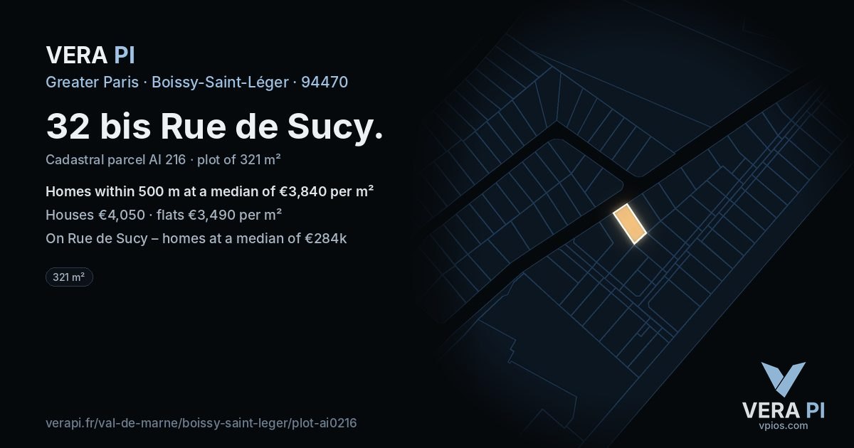 32 bis Rue de Sucy, Boissy-Saint-Léger at night – the plot lit, the parcels around coloured by the prices near them