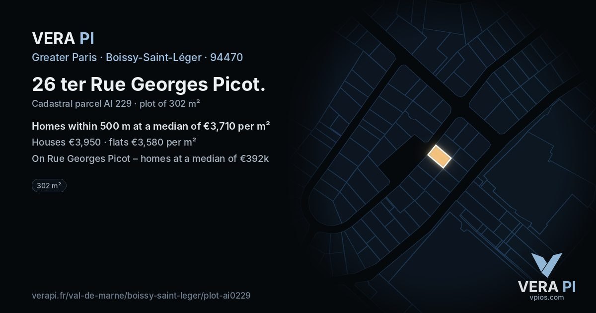 26 ter Rue Georges Picot, Boissy-Saint-Léger at night – the plot lit, the parcels around coloured by the prices near them