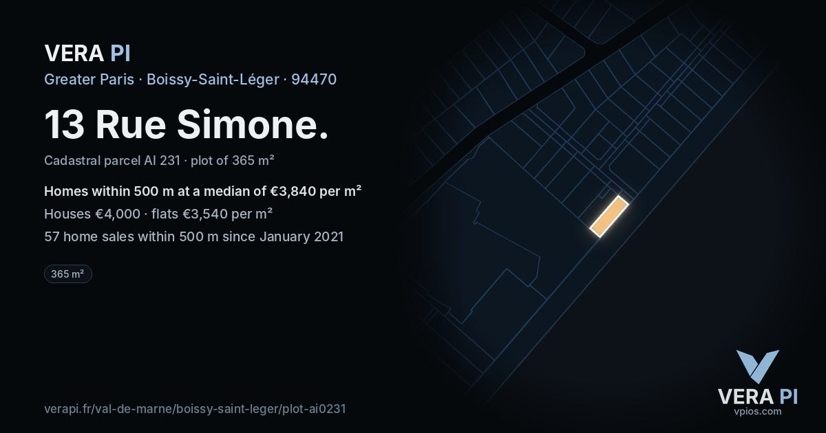13 Rue Simone, Boissy-Saint-Léger at night – the plot lit, the parcels around coloured by the prices near them