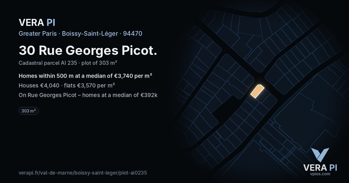 30 Rue Georges Picot, Boissy-Saint-Léger at night – the plot lit, the parcels around coloured by the prices near them