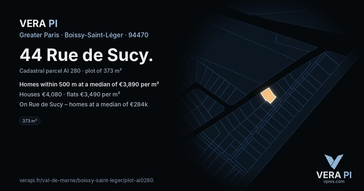 44 Rue de Sucy, Boissy-Saint-Léger at night – the plot lit, the parcels around coloured by the prices near them