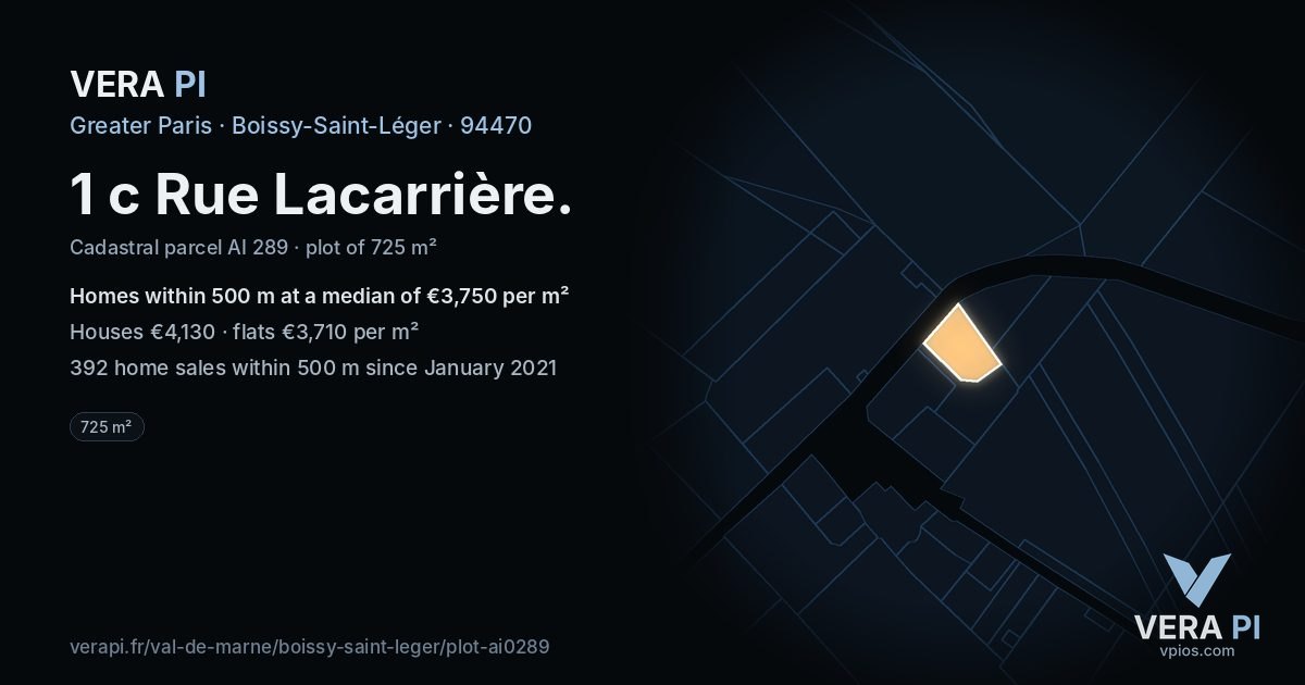 1 c Rue Lacarrière, Boissy-Saint-Léger at night – the plot lit, the parcels around coloured by the prices near them