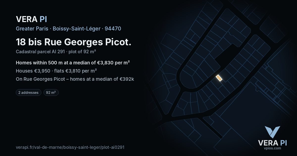 18 bis Rue Georges Picot, Boissy-Saint-Léger at night – the plot lit, the parcels around coloured by the prices near them