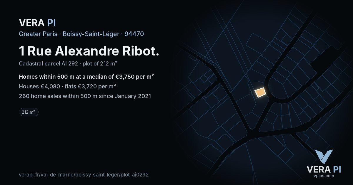 1 Rue Alexandre Ribot, Boissy-Saint-Léger at night – the plot lit, the parcels around coloured by the prices near them