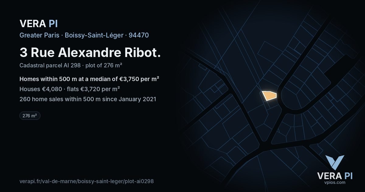 3 Rue Alexandre Ribot, Boissy-Saint-Léger at night – the plot lit, the parcels around coloured by the prices near them