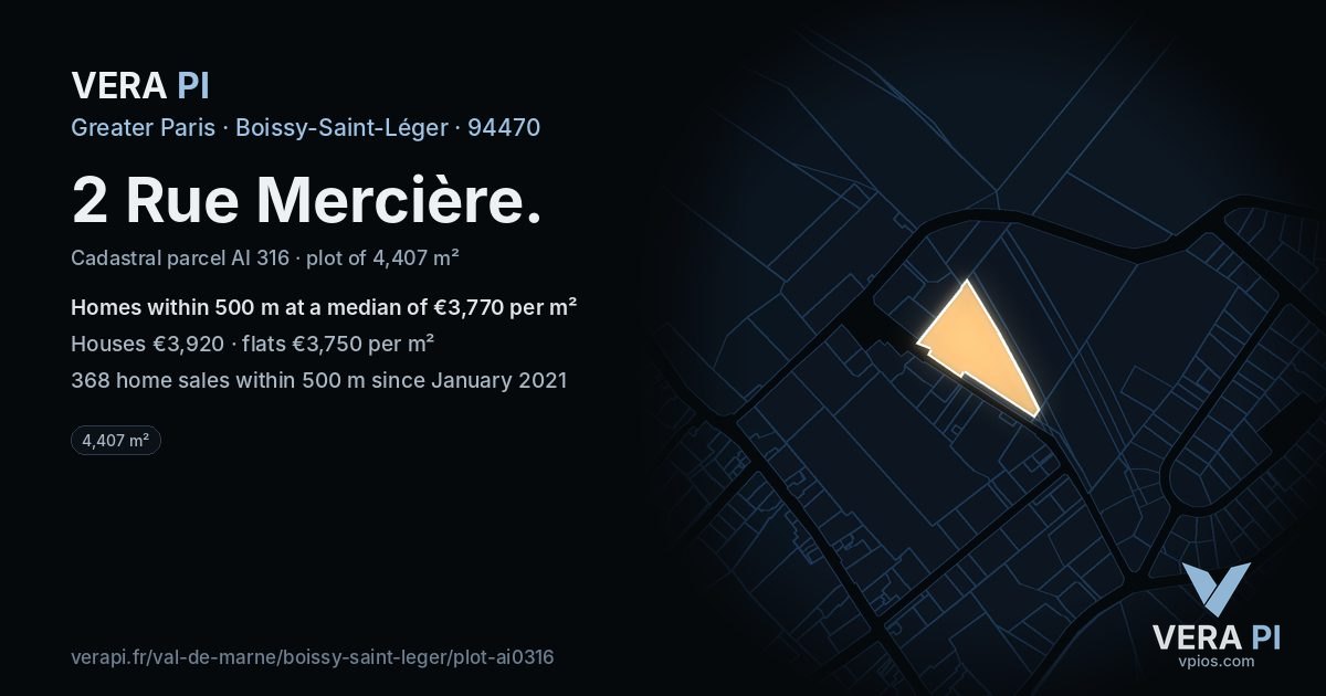2 Rue Mercière, Boissy-Saint-Léger at night – the plot lit, the parcels around coloured by the prices near them
