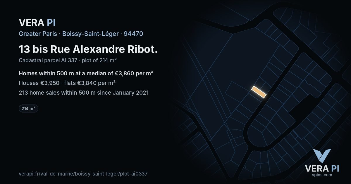 13 bis Rue Alexandre Ribot, Boissy-Saint-Léger at night – the plot lit, the parcels around coloured by the prices near them