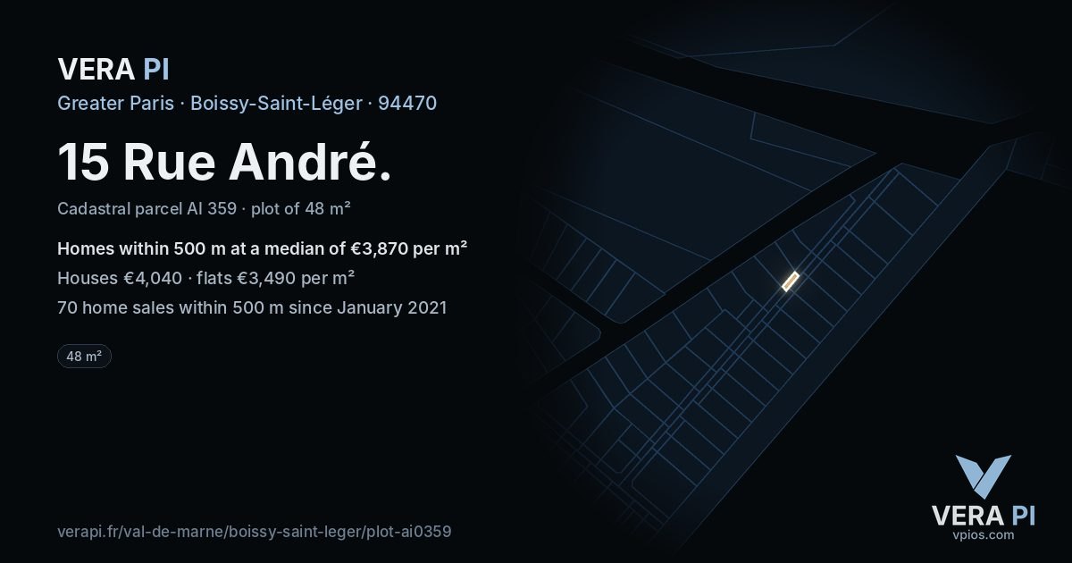 15 Rue André, Boissy-Saint-Léger at night – the plot lit, the parcels around coloured by the prices near them