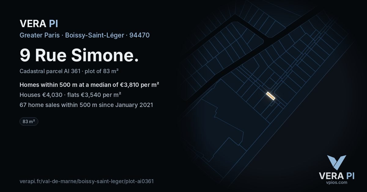 9 Rue Simone, Boissy-Saint-Léger at night – the plot lit, the parcels around coloured by the prices near them