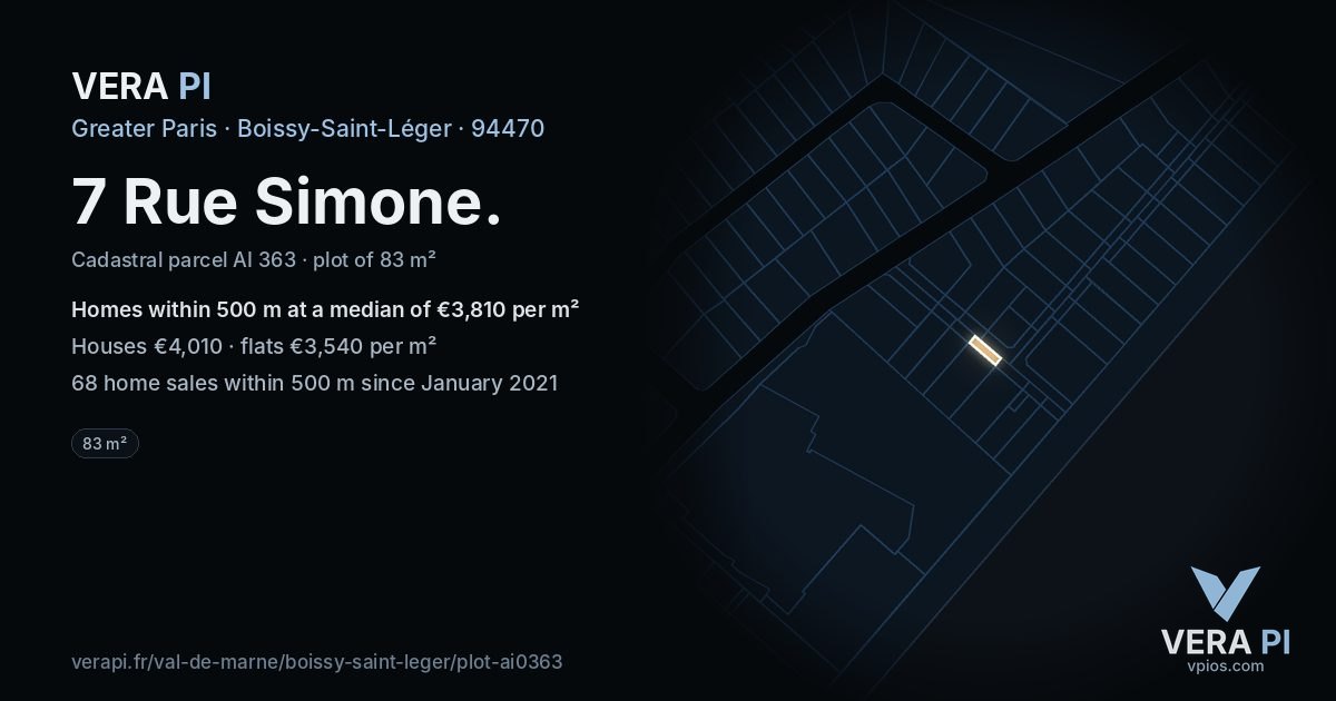 7 Rue Simone, Boissy-Saint-Léger at night – the plot lit, the parcels around coloured by the prices near them