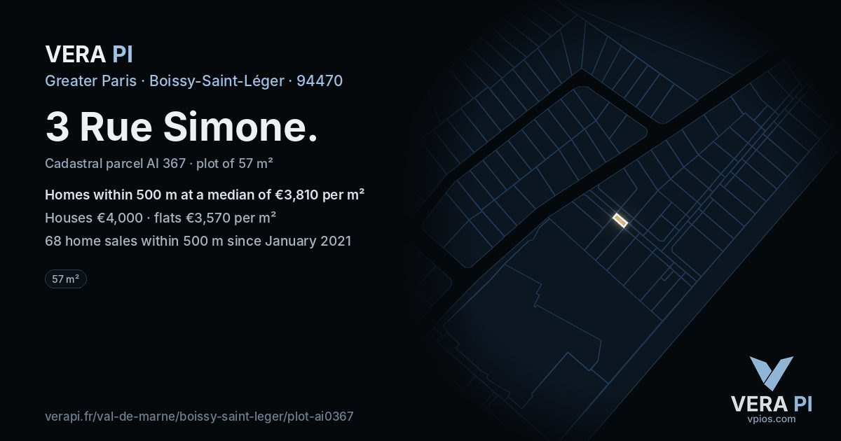 3 Rue Simone, Boissy-Saint-Léger at night – the plot lit, the parcels around coloured by the prices near them