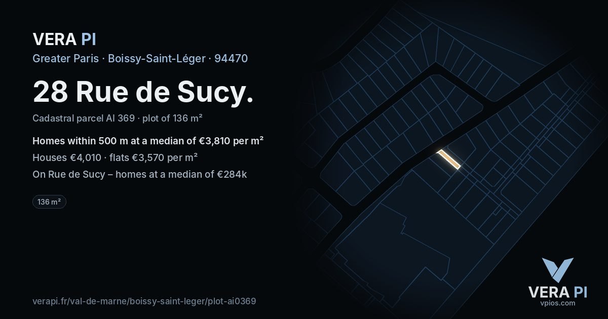 28 Rue de Sucy, Boissy-Saint-Léger at night – the plot lit, the parcels around coloured by the prices near them