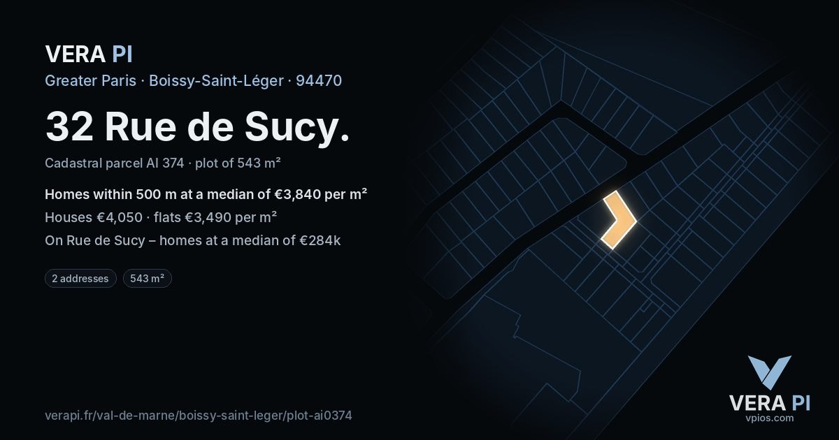32 Rue de Sucy, Boissy-Saint-Léger at night – the plot lit, the parcels around coloured by the prices near them