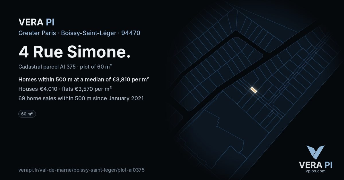 4 Rue Simone, Boissy-Saint-Léger at night – the plot lit, the parcels around coloured by the prices near them