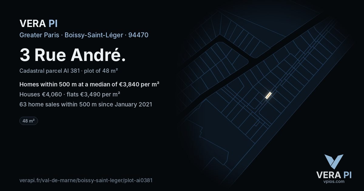 3 Rue André, Boissy-Saint-Léger at night – the plot lit, the parcels around coloured by the prices near them