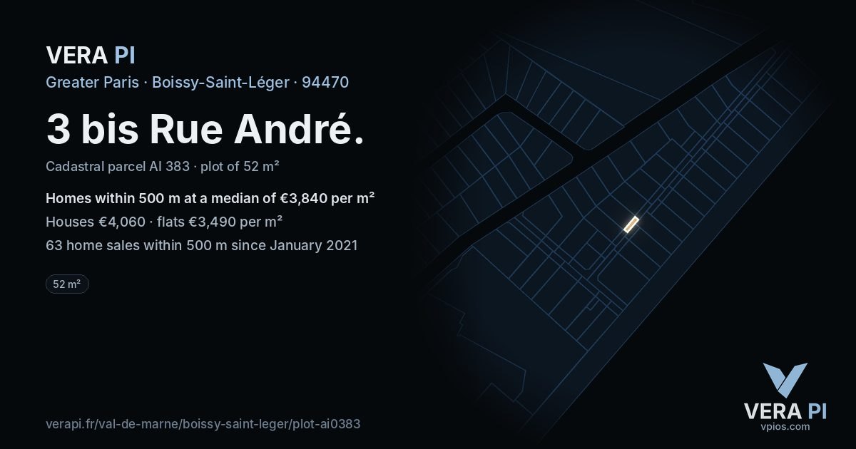 3 bis Rue André, Boissy-Saint-Léger at night – the plot lit, the parcels around coloured by the prices near them