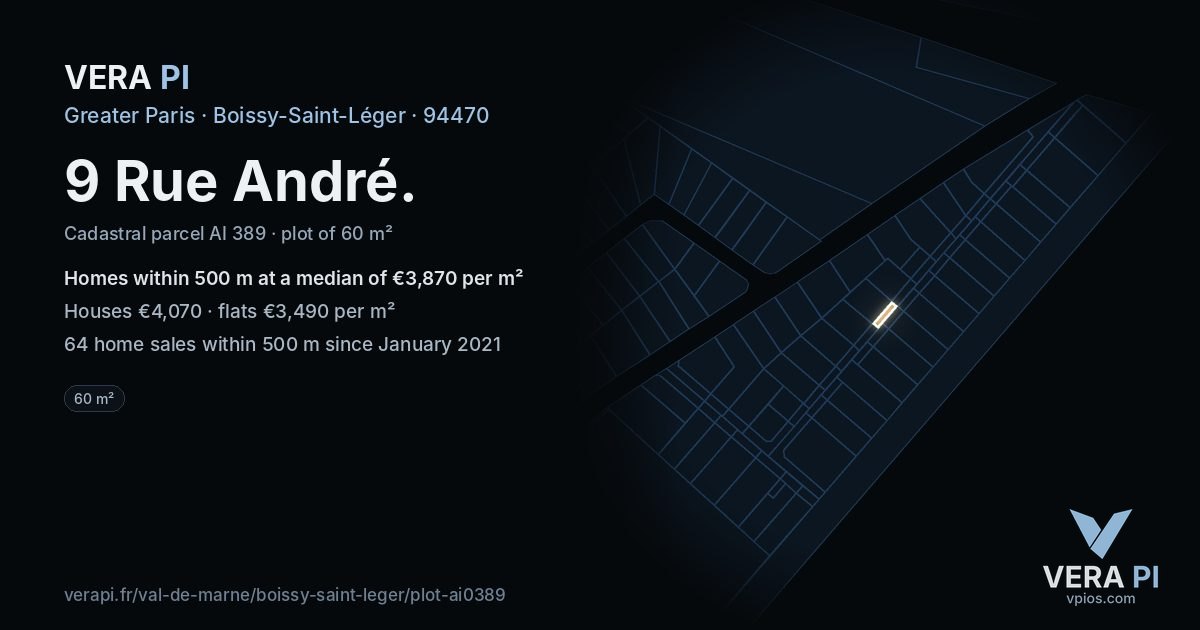 9 Rue André, Boissy-Saint-Léger at night – the plot lit, the parcels around coloured by the prices near them