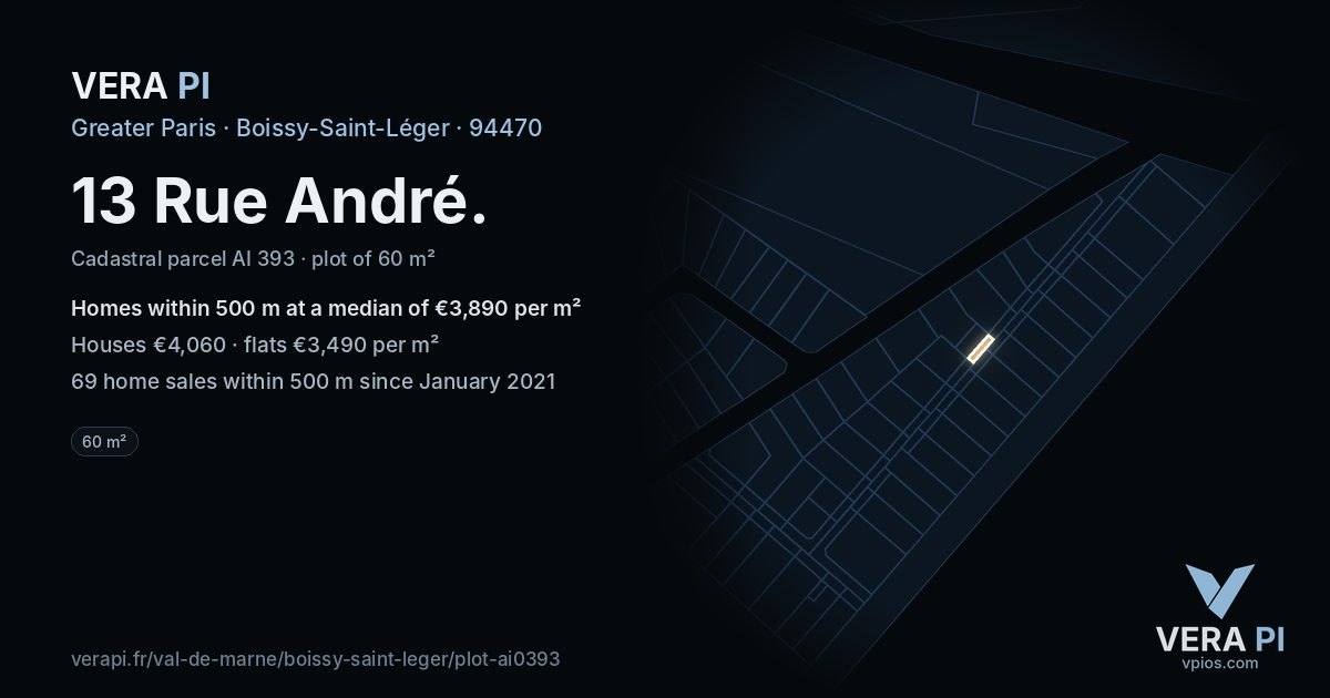 13 Rue André, Boissy-Saint-Léger at night – the plot lit, the parcels around coloured by the prices near them