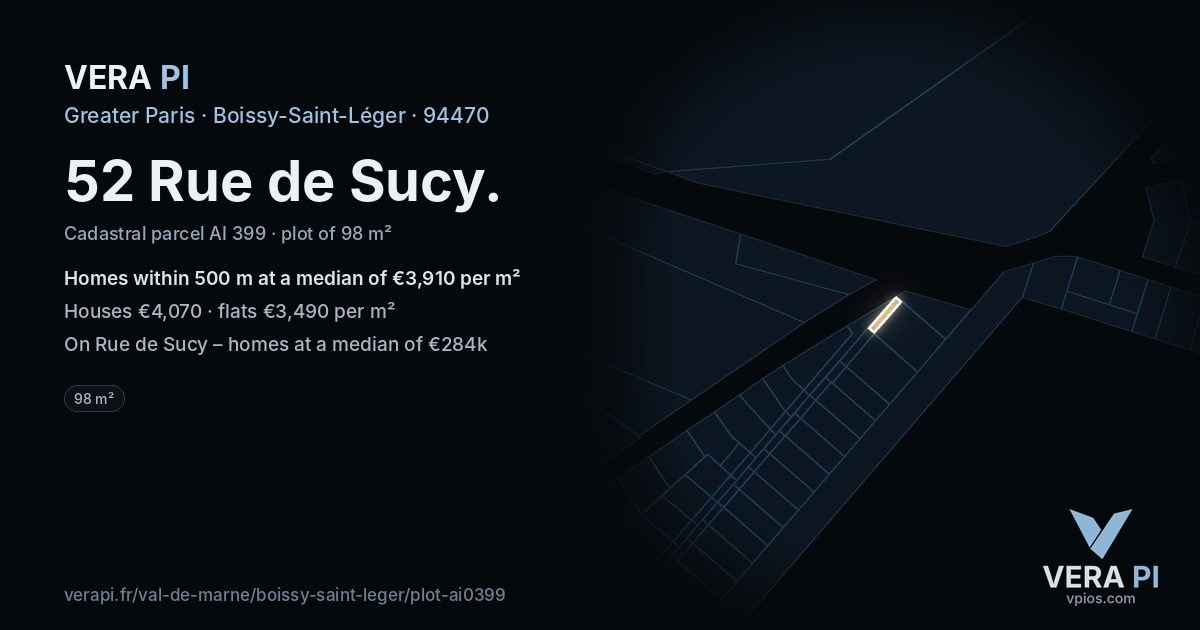 52 Rue de Sucy, Boissy-Saint-Léger at night – the plot lit, the parcels around coloured by the prices near them