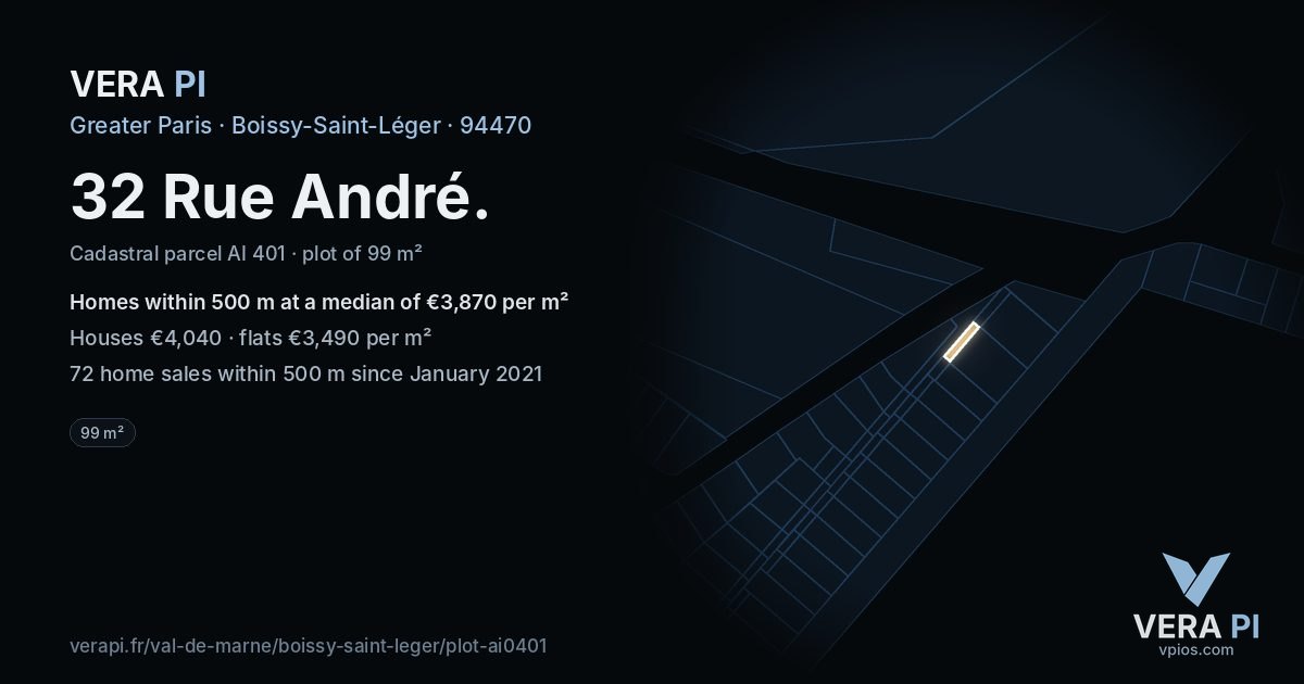 32 Rue André, Boissy-Saint-Léger at night – the plot lit, the parcels around coloured by the prices near them