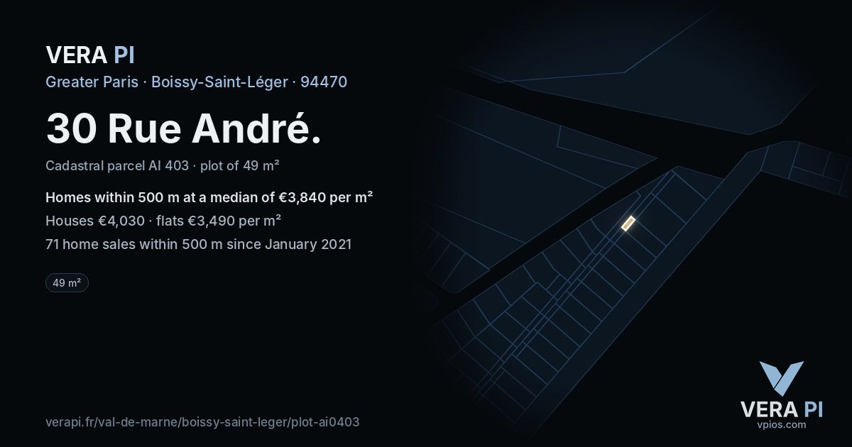 30 Rue André, Boissy-Saint-Léger at night – the plot lit, the parcels around coloured by the prices near them